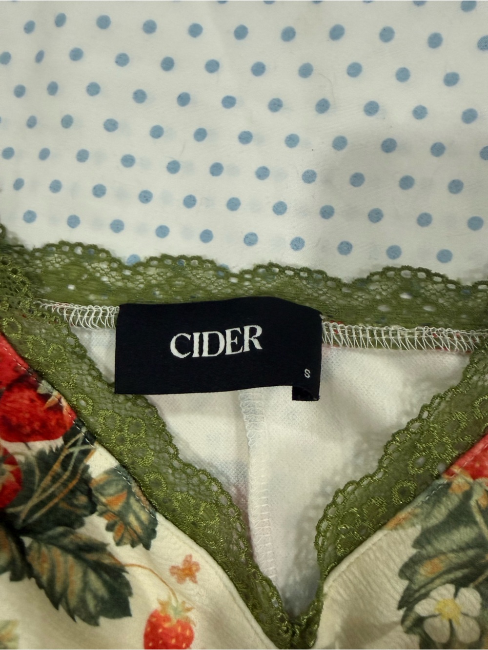 Cider Cream Strawberry Print Dress with Green Trim - Picture 3 of 3